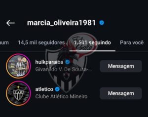 Na noite de quarta (19), Marcia Oliveira já seguia os perfis do Galo e de Hulk no Instagram (Reprodução/Redes Sociais)